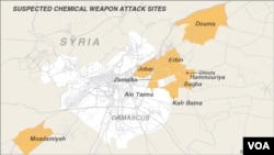 Các địa điểm bị nghi ngờ bị tấn công bằng vũ khí hóa học tại Syria.