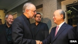 Giám đốc Cơ quan Nguyên Tử năng Yukiya Amano và người đứng đầu Cơ quan Năng lượng Nguyên tử Iran Ali-Akbar Salehi.