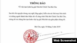 Thông báo của giáo phận Bùi Chu ngày 10/5/2019.