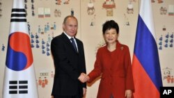 Tổng thống Nam Triều Tiên Park Geun-hye bắt tay với Tổng thống Nga Vladimir Putin tại Seoul, ngày 13/11/2013.