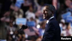 U.S. President Barack Obama acknowledges applause while addressing the final session of the Democratic National Convention in Charlotte, North Carolina September 6, 2012. REUTERS/Jessica Rinaldi (UNITED STATES - Tags: POLITICS ELECTIONS) 