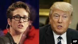 Cô Rachel Maddow, người dẫn chương trình truyền hình MSNBC và Tổng thống Hoa Kỳ Donald Trump. 