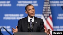 President Barack Obama addresses the 113th National Convention of the Veterans of Foreign Wars in Reno, Nev. Monday, July 23, 2012.(AP Photo/Rich Pedroncelli)