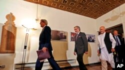 Ashraf Ghani and Dr Abdullah after meeting with John Kerry in Kabul