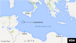 Bản đồ Sicily, Lampedusa, và bờ biển Libya ở Địa Trung Hải.