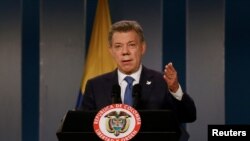 Tổng thống Colombia Juan Manuel Santos phát biểu tại một cuộc họp báo ở Bogota, Columbia, ngày 5/10/2016.