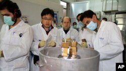 Các thanh sát viên của Cơ quan Năng lượng Nguyên tử Quốc tế (IAEA) và kỹ thuật viên của Iran tại cơ sở Natanz, Iran, 20/1/2014