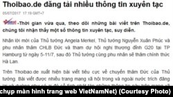 VNNet nói Thoibao.de đăng tải thông tin 'xuyên tạc' về chuyến thăm của Thủ tướng Nguyễn Xuân Phúc tới Đức. (Ảnh chụp màn hình trang web VietNamNet)