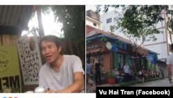 Nguyễn Hữu Vinh, người sáng lập blog Anh Ba Sàm, tại nhà riêng sau khi được trả tự do, và nhiều người được cho là cảnh sát mặc thường phục bên ngoài nhà ông ở Hà Nội trong ngày 5/5. (Ảnh Facebook Vu Hai Tran)