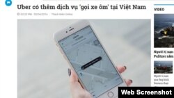 UberMoto sẽ được triển khai tại Việt Nam từ ngày 21.4. Ảnh chụp màn hình trang web thanhnien.vn